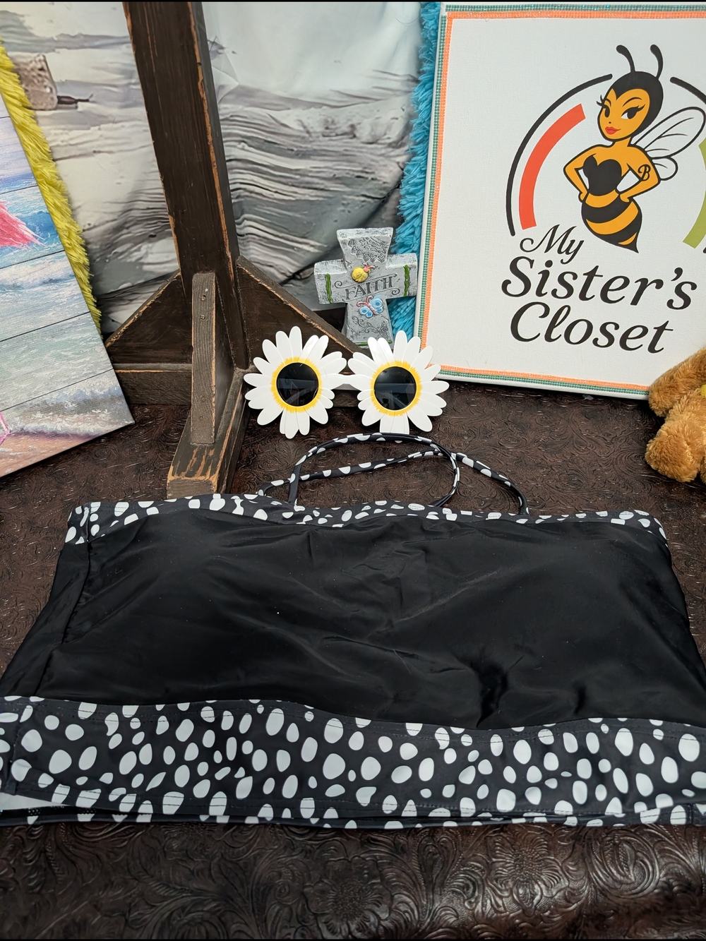 Chic Soul Black and White Polka Dot Bandeau Swim Top